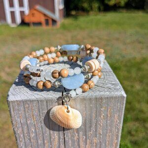 Angelite, Wood, Jade, and Seashell Bracelet